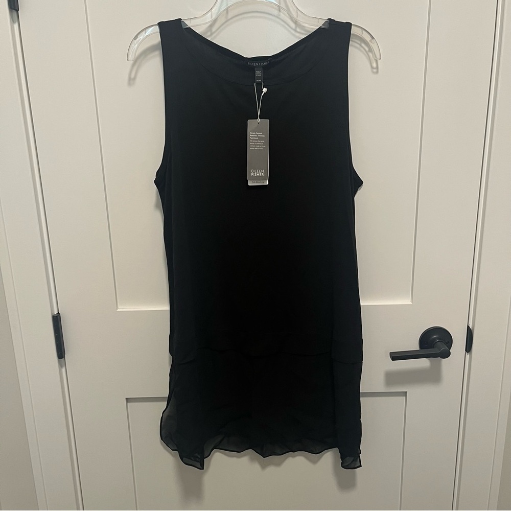 NWT Eileen Fisher Medium Black Silk Blocking Sleeveless Silk Tank Tunic Layered